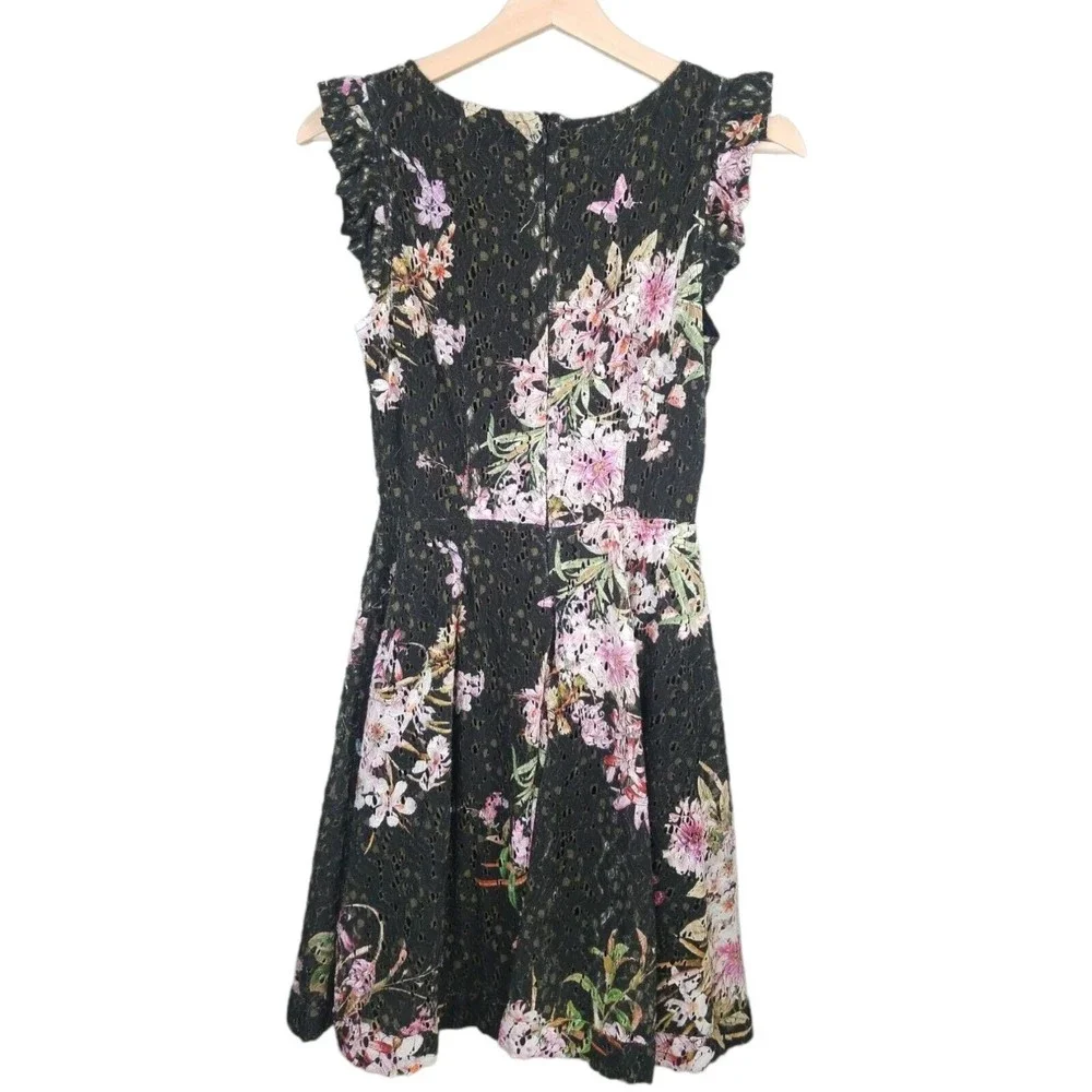 Anthropologie Eri +Ali Black Floral Lace Dress 4 Nevaeh Ruffle Cap Sleeve